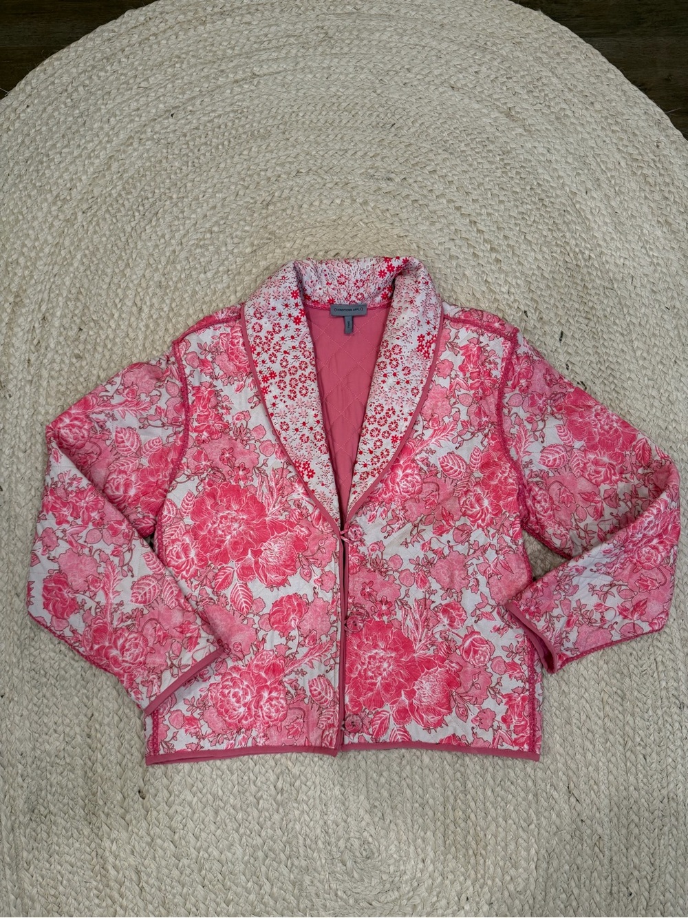 Anthropologie Pink Floral Quilted Shawl-Collar Jacket